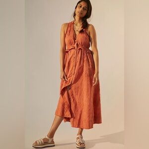 Anthropologie Pilcro Orange Textured Floral Button Front Midi Dress Womens Small